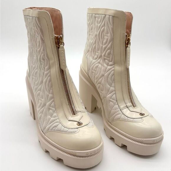 Gucci Trip Combat Zip Boots GG Logo White Quilted Rhombus Block Heel EU 38 US 8 - Picture 10 of 15